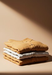 Folded shirts stacked on beige background studio shot fashion apparel