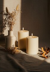 Lit candles and vase with dried flowers on linen cloth in soft sunlight