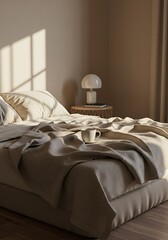 Minimalist bedroom design with neutral tones and soft sunlight on bed