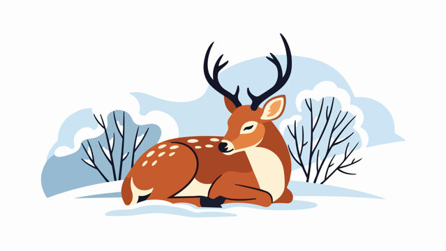 Solitary deer resting in a serene winter landscape with snow-covered ground and bare trees