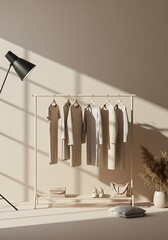 Minimalist clothes rack with dresses in neutral tones under soft sunlight