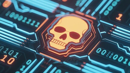 Cyber Threat Alert: Digital Skull on Circuit Board, High-Tech Security Risk