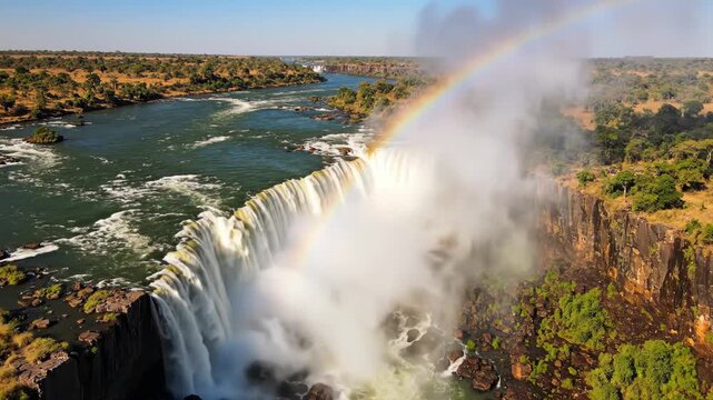Aerial view of victoria falls with rainbow and misty waterfall in zimbabwe africa 4k video