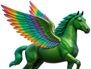 A vibrant, digitally rendered green pegasus with iridescent, rainbow-colored wings and a flowing mane, dynamically posed in a forward stride with a slightly, isolated on transparent background.