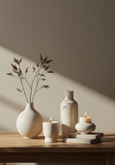 Minimalist composition with candles vase and dried plant on wood surface