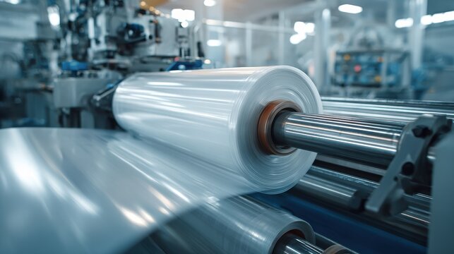 Industrial Roll of Plastic Film Moving on a Conveyor Belt in a Manufacturing Plant