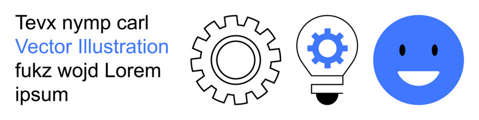 Technology, innovation, creativity, optimism, problem-solving, simplicity. Gear, lightbulb and happy face icons in black and blue. Innovation and creativity concepts demonstrated visually © robu_s