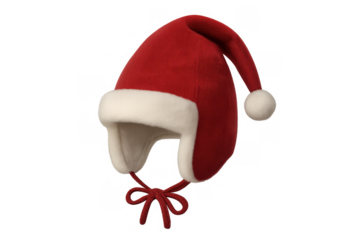 Red winter hat with white fur trim and pompom, tying ear flaps creating a festive christmas accessory on transparent background