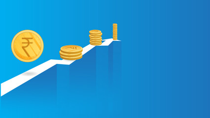 Digital illustration depicting Indian Rupee coins on an ascending white line against a blue background, symbolizing financial growth and investment.