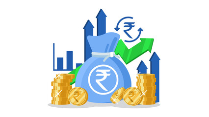 Financial growth concept with Indian Rupee currency, money bag, coins, and upward trend graphs.