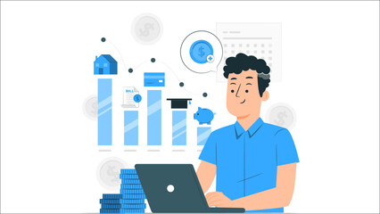 A man managing personal finances and investments on a laptop with bar charts representing assets like a house, car, education, and savings.