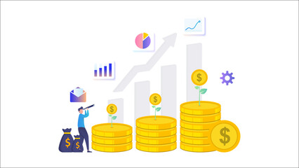 A person observing financial growth and investment strategy with rising coin stacks and charts, symbolizing economic progress.
