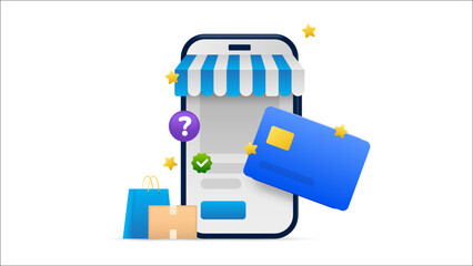 Mobile phone displaying an online store with a credit card, shopping bags, and a delivery box, representing e-commerce and digital payments.