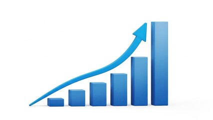 Blue bar graph with upward arrow showing growth
