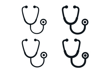 Set of four black stethoscope icons on a white background, representing medical tools