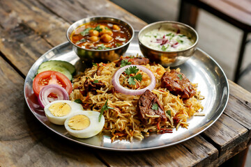 Authentic Indian Chicken Biryani Platter with Chana Masala and Raita