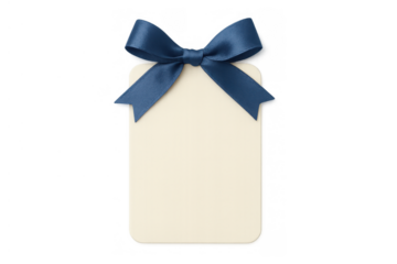 Blank gift card with blue satin ribbon bow for celebration, message, greeting, present, and shopping concepts
