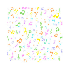 Colorful music notes scattered on white background