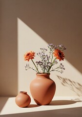 Orange gerberas and small vase in earth tone vase with light and shadow