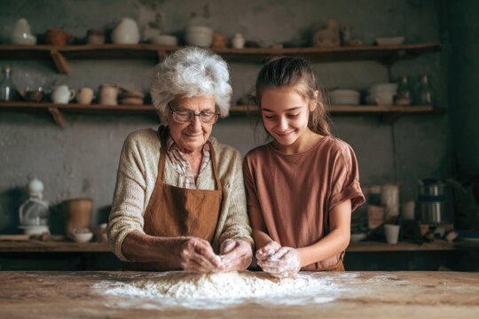 Two generations bond while preparing dough, sharing laughter and