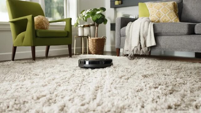 Autonomous carpet cleaning robot gliding smoothly across plush living room carpet showcasing effortless handsfree maintenance and advanced programmed navigation.