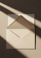 Open envelope on a neutral background with natural light and shadow play
