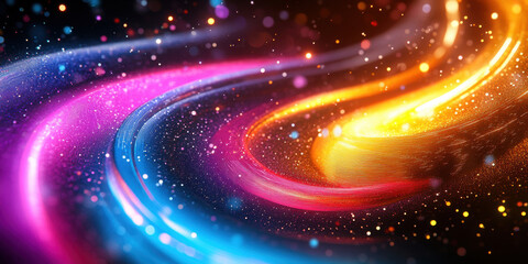 abstract digital art of colorful rainbow spiral vortex swirling with glowing particles and starry dots on deep black cosmic space background