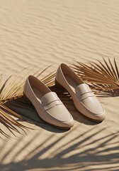 Pair of beige leather loafers displayed on sand with palm fronds overhead