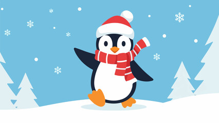 Playful penguin in holiday attire standing in a snowy winter landscape with stylized trees