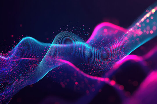 abstract neon wave background with vibrant flowing lines in purple pink blue orange and glowing particle dots on dark cosmic space - Powered by Adobe