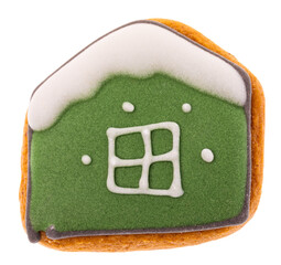 Green gingerbread house cookie isolated