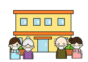 介護施設の前のマスクをするシニアと女性介護士と男性介護士のイラスト