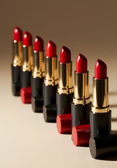 Row of red lipsticks with black tubes on neutral surface beauty products