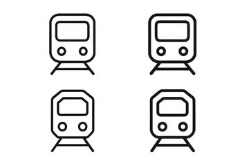Set of four simple line art icons representing different train fronts on tracks