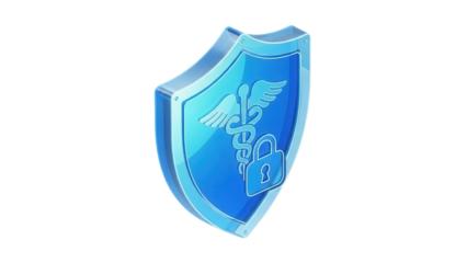Blue transparent 3D shield icon representing digital protection and medical safety suitable for healthcare interface systems and secure application dashboards