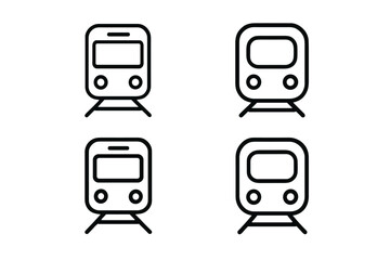 Set of four simple line art icons representing modern train fronts on white background