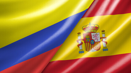 Obraz premium Colombia and Spain two national flags filling the entire frame, close-up view, edge-to-edge composition
