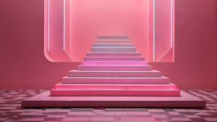Fototapeta premium Minimal pastel pink podium stage with neon light steps for product display