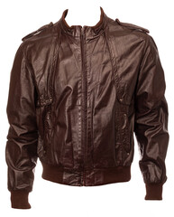 Brown leather bomber jacket template isolated on white