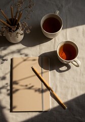 Still life with tea cups notepad and pencil on a table with sunlight