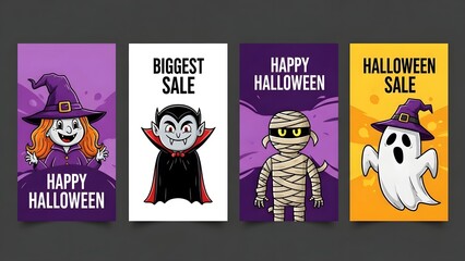 Halloween themed sale banners with cartoon characters