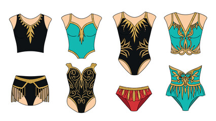 Artistic gymnastics costume design: colorful set of leotards