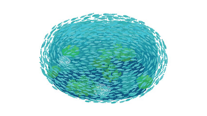 Vibrant school of aquatic life in circular formation with marine plants