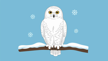 Fototapeta premium White owl with bright yellow eyes perched on a snow-dusted brown branch against a light blue background