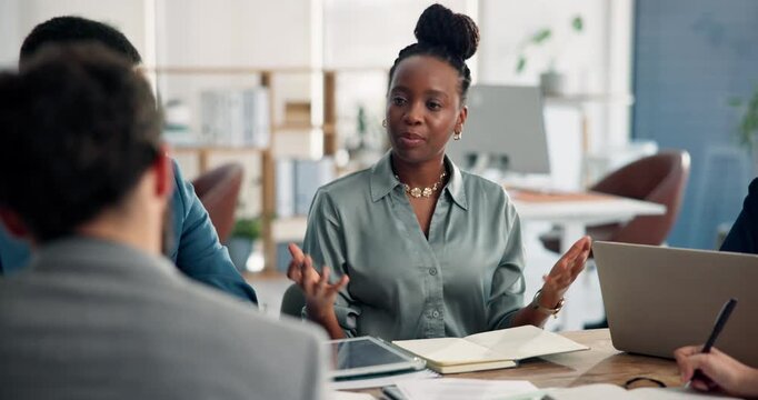 Businesswoman, meeting and talking in office with people, idea and proposal for digital marketing. Team, person and discussion in workplace with tech for online advertising, planning and explanation.