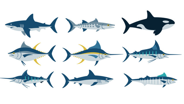 Set of cartoon style marine fish including sharks and swordfish