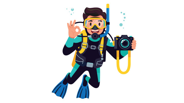 Diving adventure: cartoon scuba diver with camera making ok gesture