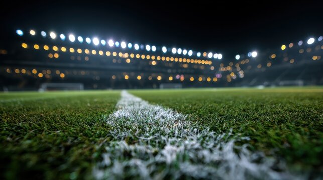 Low Angle View of Soccer Field Grass and White Painted Line under Bright Stadium Lights at Night