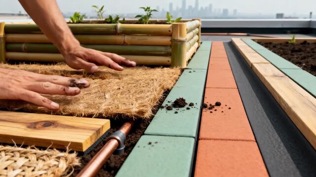 Medium shot showcasing the assembly of natural biodegradable materials for an energyefficient rooftop garden.
