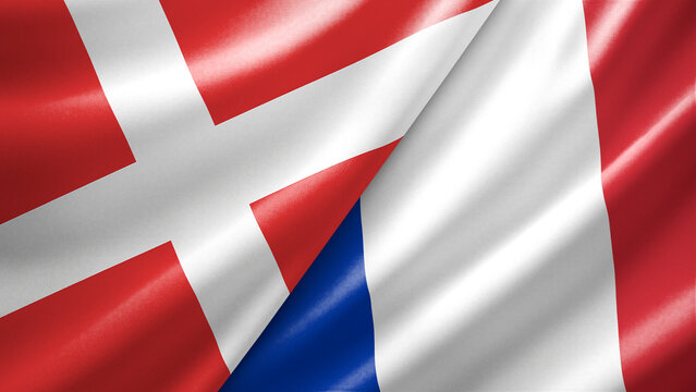 Denmark and France two national flags filling the entire frame, close-up view, edge-to-edge composition